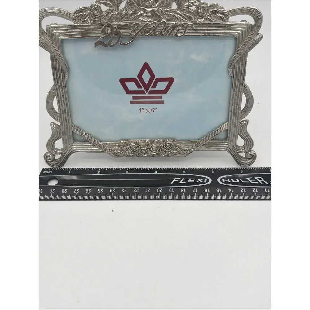 25th Anniversary Picture Frame Extra Fine Pewter 4x6” Ornate Silver Art Deco